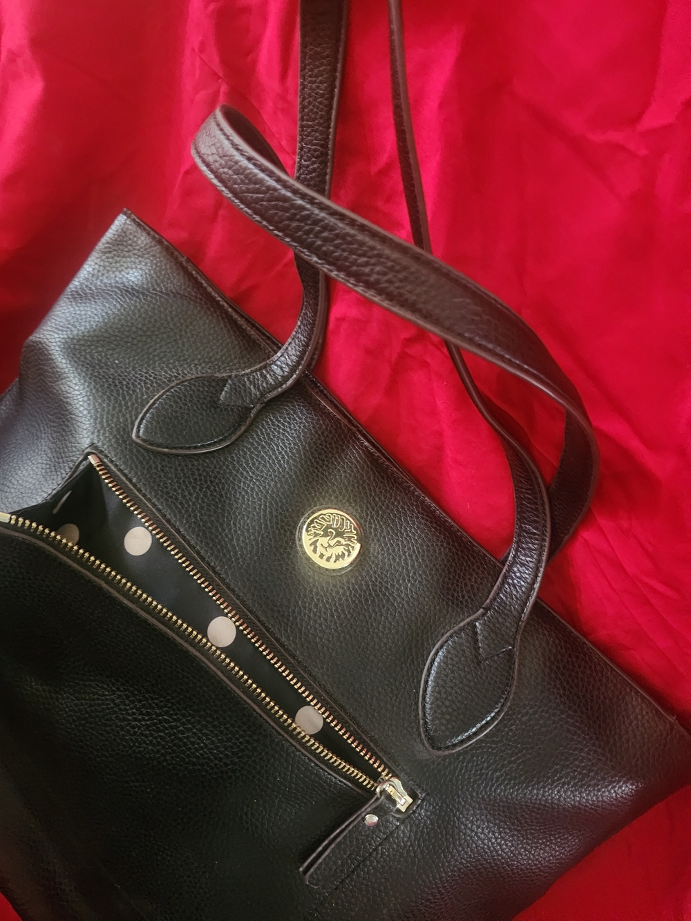 Anne Klein Black Leather Tote with Gold Medallion
